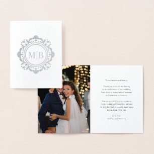 Cartão Metalizado Ornamentado Floral Monograma Casamento Obrigado Fo