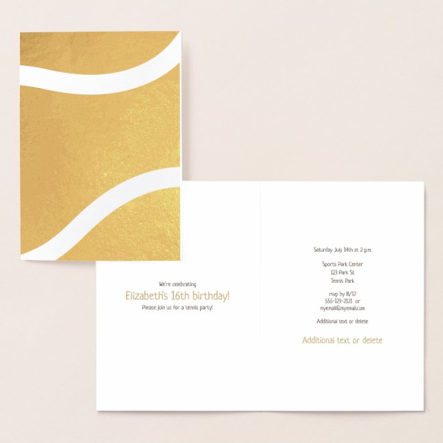 Cartão Metalizado Ouro de aniversário relacionado a esportes de têni (Exibição)