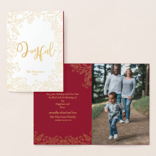 Cartão Metalizado Papel de Ouro Alegria Natal Família Foto Natal