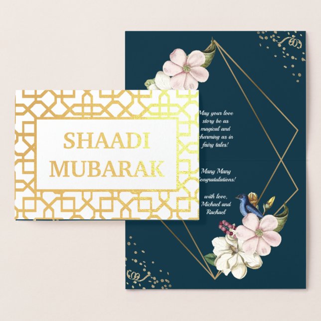 Cartão Metalizado Parabéns do casamento Shaadi Mubarak Dourado (Exibição)