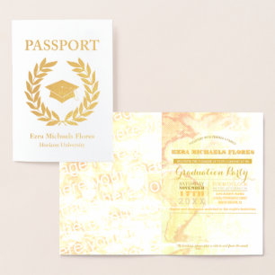 Cartão Metalizado Passaporte de festa de formatura dourado em folha