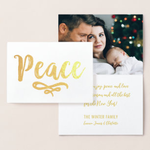 Cartão Metalizado Paz Elegante em Script Natal Foto Dourada