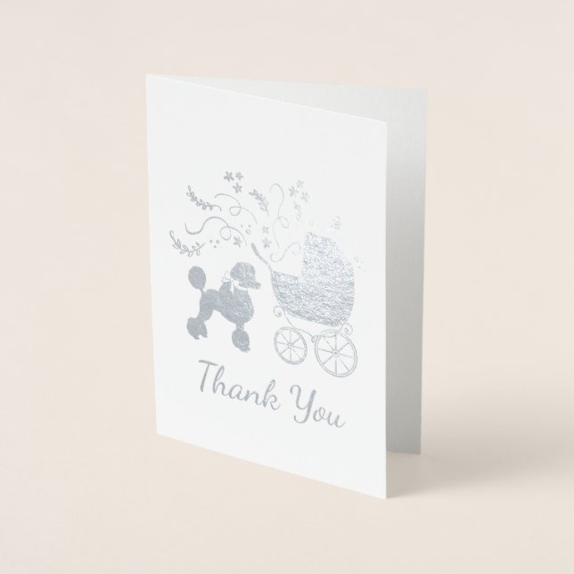 Cartão Metalizado Poodle Chá de fraldas Cão Cãibras Cinzas Sexo Neut (Frente)