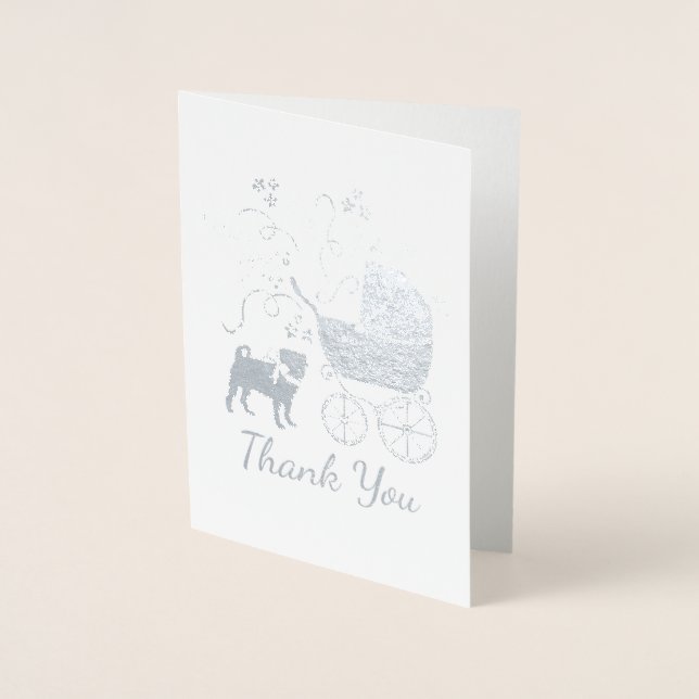 Cartão Metalizado Pug Chá de fraldas Cão Puppy Sexo Neutro (Frente)