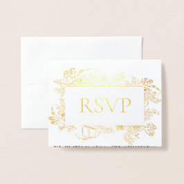 Cartão Metalizado Real Gold Foil Floral Line Art Weding RSVP Foil C