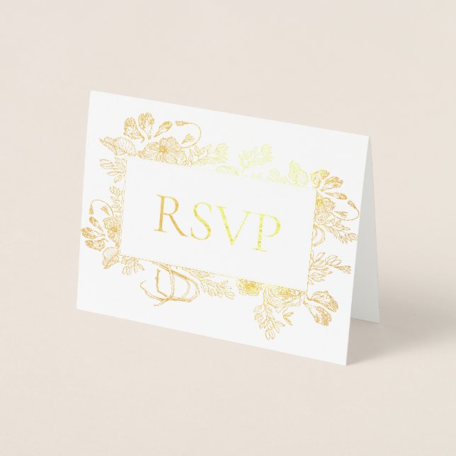 Cartão Metalizado Real Gold Foil Floral Line Art Weding RSVP Foil C (Frente)
