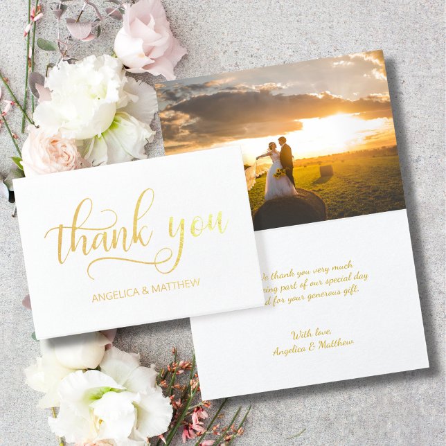 Cartão Metalizado REAL Gold Foil, OBRIGADO PELO Casamento | com Foto (REAL Gold Foil THANK YOU Wedding | with Photo Foil Card)