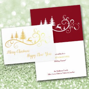 Cartão Metalizado Retro Saltando Veado no Natal Vermelho