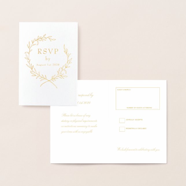 Cartão Metalizado Roman Olive Leaf Wreath Weding RSVP 2 Dourado (Exibição)