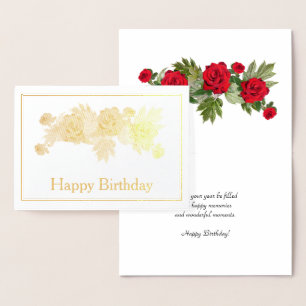 Cartão Metalizado Rosa vermelha Floral Birthday Dourado