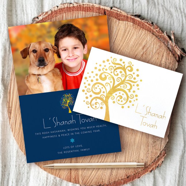 Cartão Metalizado Rosh Hashanah Marinho Tree of Life Photo Real Dour (Criador carregado)