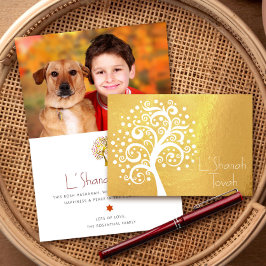 Cartão Metalizado Rosh Hashanah White Tree of Life Photo Real Dourad