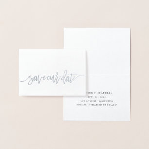 Cartão Metalizado Salvar nosso Estilo de Script de Foil Real de Data