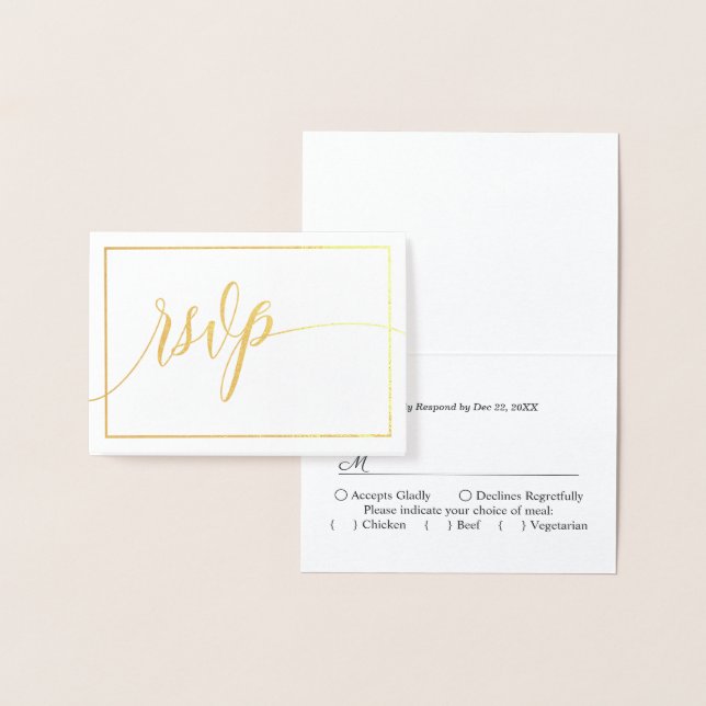 Cartão Metalizado Script de Caligrafia Branco e Dourado RSVP (Exibição)