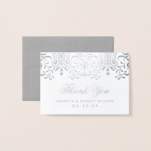 Cartão Metalizado Silver Vintage Glamor Weding Obrigado (Frente com Envelope)