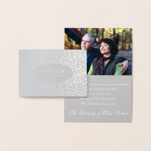 Cartão Metalizado Simpatia personalizável do Silver Damask Obrigado