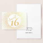 Cartão Metalizado Sweet 16th Birthday Glittery Confetti Script Doura<br><div class="desc">Diga feliz aniversário de 16 anos em estilo com o brilho chic luxe de papel real. Todo texto é simples de personalizar. Altere a saudação na frente para outra ocasião ou exclua o dentro de mensagem de uma placa de vazio. Design apresenta a tipografia na caligrafia manuscrita tradicional e estilo...</div>