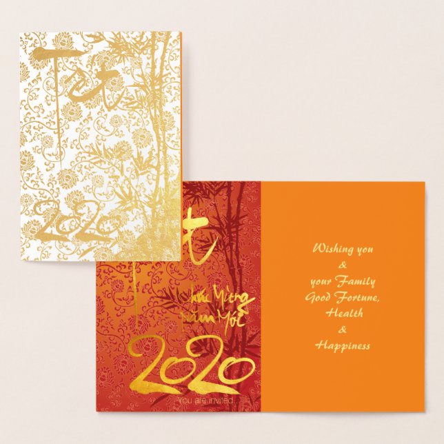 Cartão Metalizado Têt 2020 vietnamita em ouro decorado pelo luxo GC (Exibição)