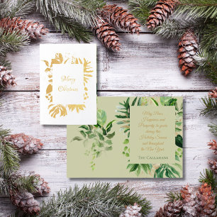 Cartão Metalizado Verde De Natal Tropical Com Folhas De Palma Dourad