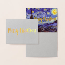 Cartão Metalizado Vincent Van Gogh Starry Night Feliz Natal Dourado