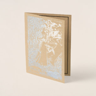 Cartão Metalizado Vintage Art Nouveau Girl In Forest Feeding Birds