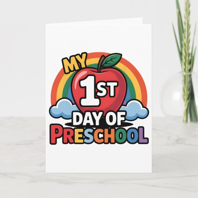 Cartão Meu Primeiro Dia De Pré-Escola Arco-Íris Maçã Volt (Frente)