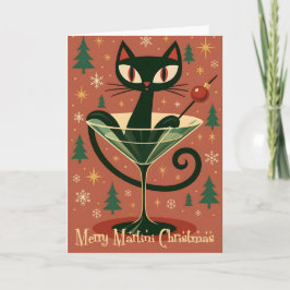 Cartão Mid Century Black Cat Merry Martini Christmas