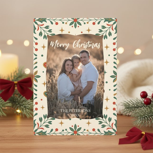 Cartão Mid-Century Modern Holly Photo Family Holiday (Criador carregado)