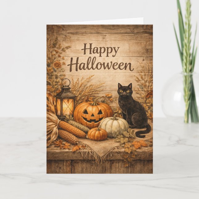 Cartão Milho de Gato Preto Rústico de Halloween (Frente)