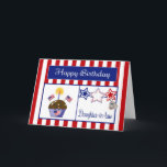 Cartão Military Daughter-in-law Birthday Card<br><div class="desc">This Patriotic Birthday Card will make your military Daughter-in-law smile. This colorful card features a red and white striped background, chocolate cupcake with stars, American Flags, a flag heart and a candle, red, white & blue stars, a dog tag embossed with "USA" and a blue banner with the text "Happy...</div>