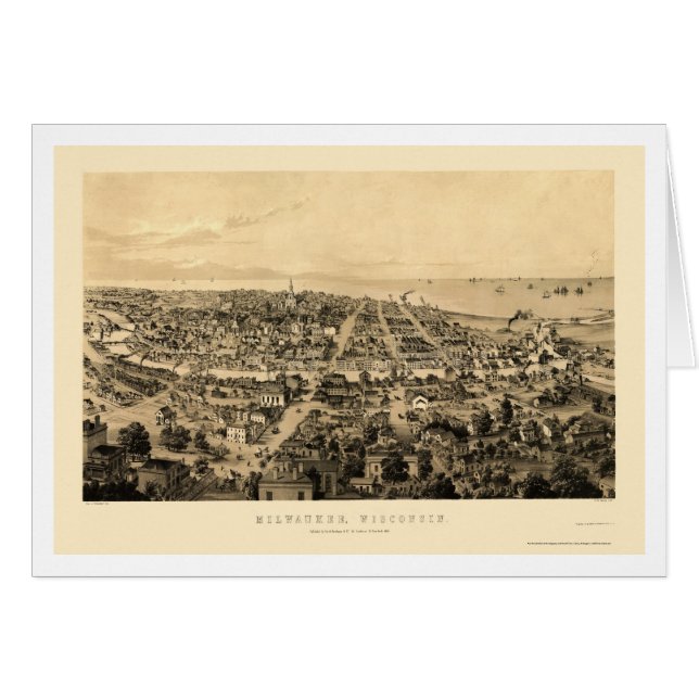 Cartão Milwaukee, mapa panorâmico dos WI - 1854 (Frente Horizontal)