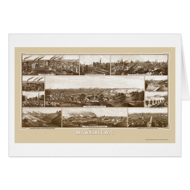 Cartão Milwaukee, mapa panorâmico dos WI - 1882 (Frente Horizontal)