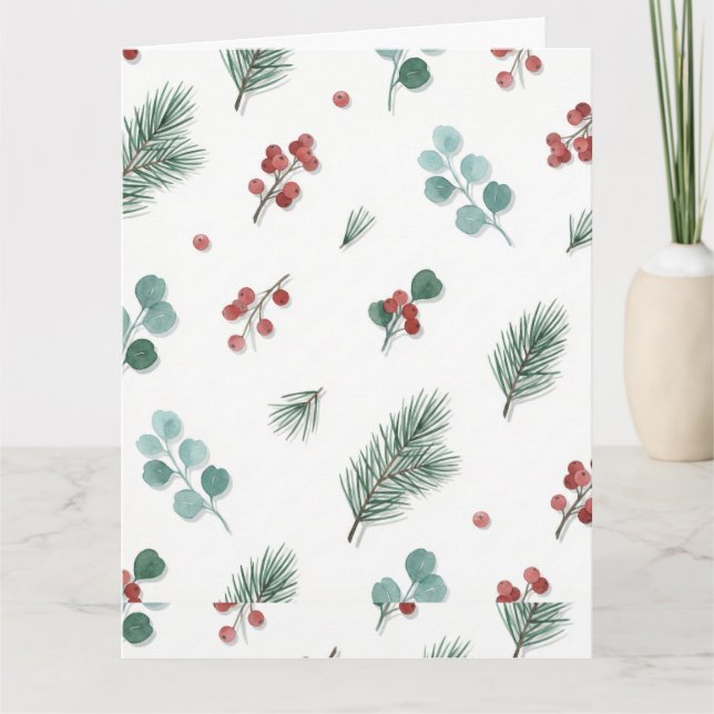 Cartão Minimal Christmas Pattern, Pine & Berries  (Frente)