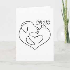 Cartão Minimalist Dog and Cat Heart - One Line Art Design