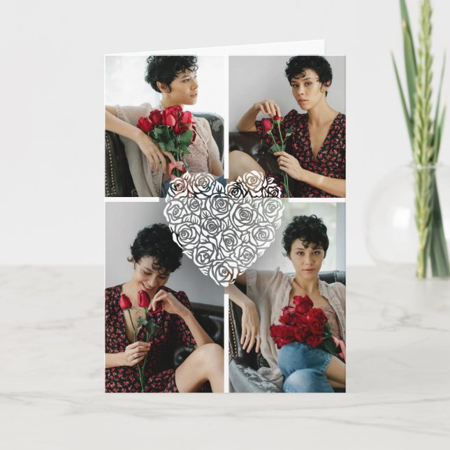 Cartão Minimalist Rose Heart Photo Collage Custom  (Frente)