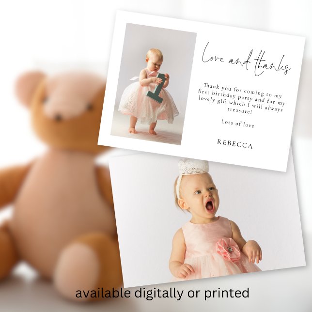 Cartão Mínimo 2 Fotografias primeiro aniversario Amor e O (Front and back view. Available digitally and printed)