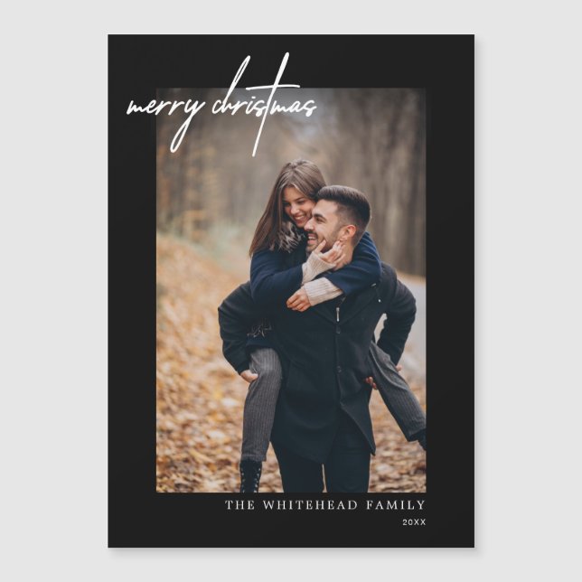 Cartão Mínimo Branco Feliz Natal Negro Magnético (Frente)