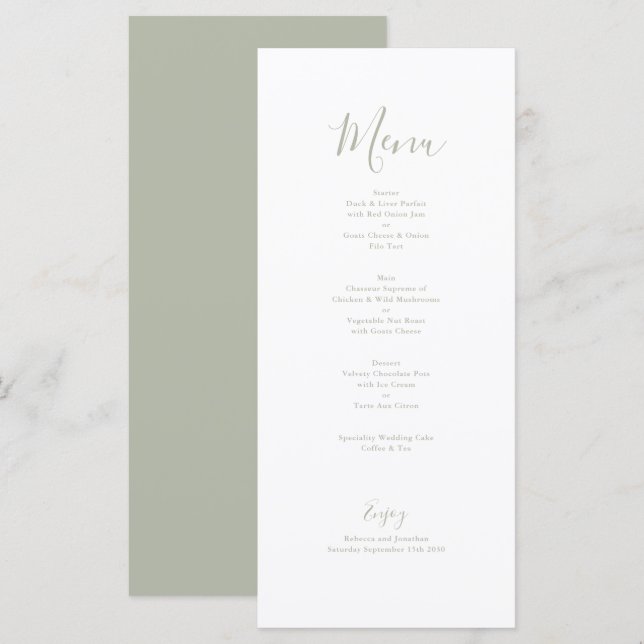 Cartão Mínimo Elegante de Menu de Casamento Verde  (Frente/Verso)