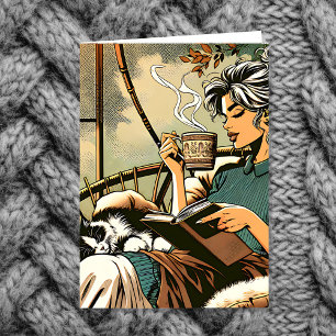 Cartão Moça Louca Lendo com Café e Gato