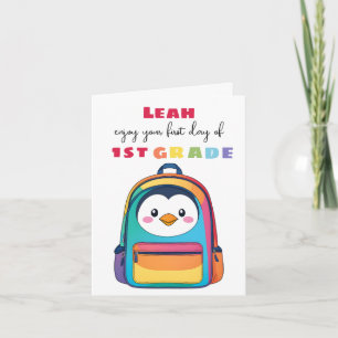 Cartão Mochila de Pinguim para o Primeiro Dia de Aula Fil
