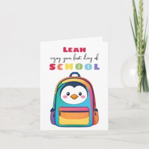 Cartão Mochila de Pinguim para o Primeiro Dia de Aula Fil