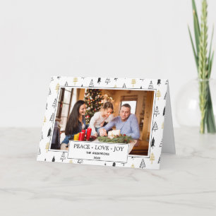 Cartão Modern Black & Gold Peace Love Joy Christmas Photo