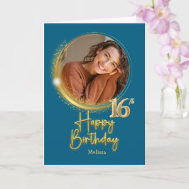 Cartão Modern Blue & Gold Photo Name 16th Birthday