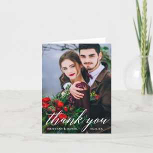 Cartão Modern Calligraphy Wedding Photo W Note Thank You
