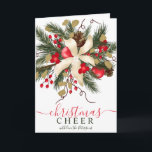 Cartão Modern Cheer Christmas floral watercolor 7 fotos<br><div class="desc">Mão moderna pintou galhos de pinheiros verdes florais de Natal,  azulejos vermelhos,  poinsettia branca,  com letra de script de torcida de Natal,  adicione 7 de suas fotos favoritas! Desejos quentes!</div>