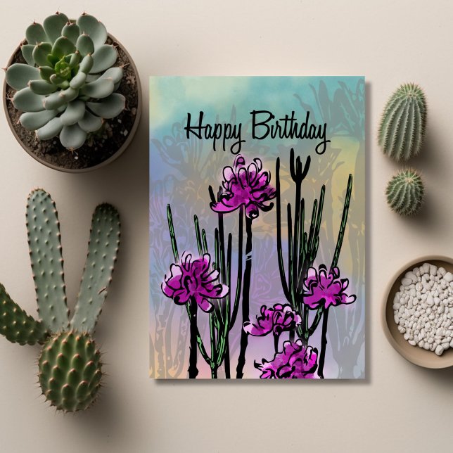 Cartão Modern Desert Bloom Floral Birthday (Unique Birthday Cards: Geometric and Flat Art styles featuring florals, animals, and modern designs
)