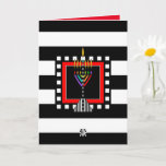 Cartão Modern Menorah Shabbat Shalom<br><div class="desc">Esta placa distintamente na moda apresenta uma menorah moderna e colorida sobre riscas brancas e pretas. A placa interior é limitada e coordenada para o seu prazer escrevendo e diz,  "Shabbat Shalom". ~ karyn</div>