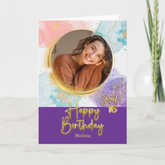 Cartão Modern Pastel Sweet 16 Photo & Name Birthday