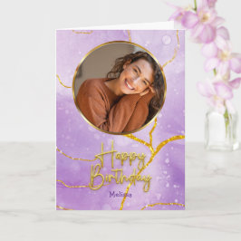 Cartão Modern Purple and Gold  Photo & Name Birthday