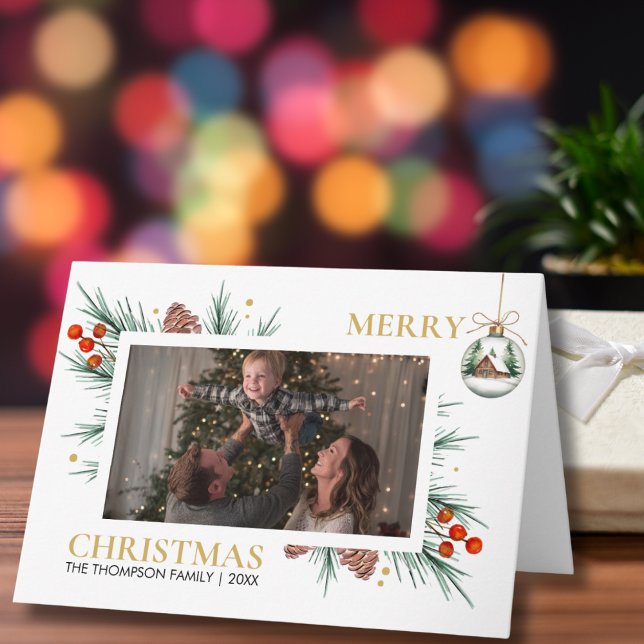 Cartão Modern Script Merry Christmas Family Photo Custom  (Criador carregado)